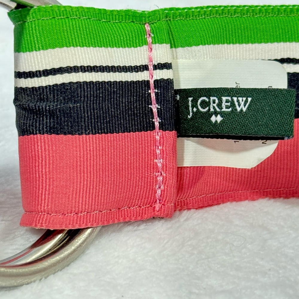 J. Crew Vibrant Preppy Pink Green Blue and White Striped Belt with Silver Rings - Picture 7 of 13
